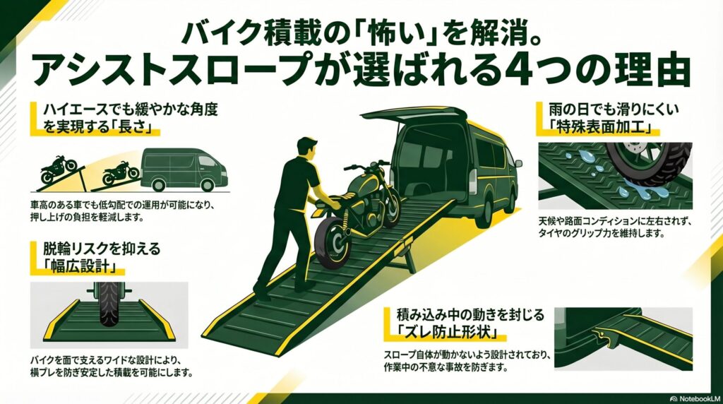 バイク積載の「怖い」を解消。アシストスロープの低勾配設計が、バイクの積載に最適な４つの理由