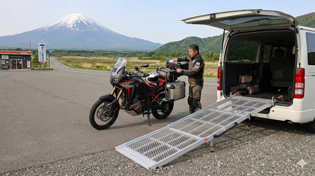 アシストスロープで車からバイクを下ろし、ツーリングの準備をする男性のイメージ