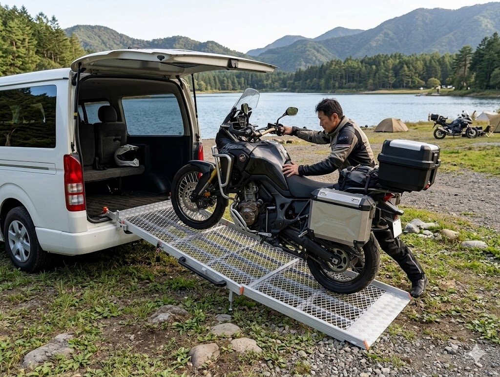 大型バイクを車に積み込む男性のイメージ画像