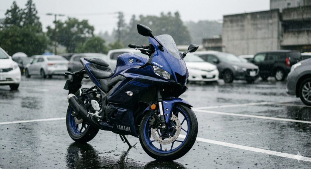 雨の日の駐車場とバイクのイメージ
