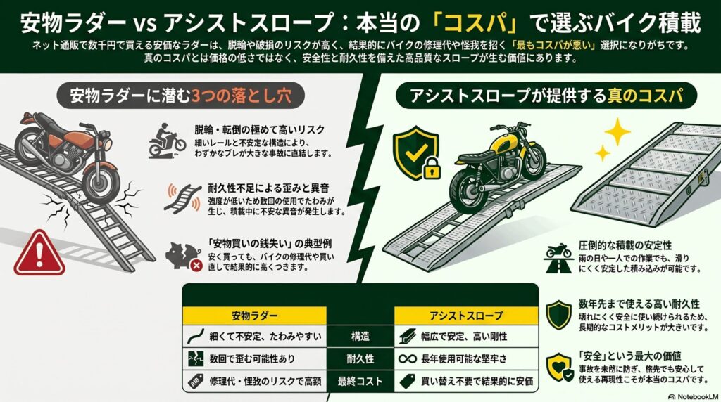 安物ラダーとアシストスロープの比較：本当のコスパで選ぶバイク積載